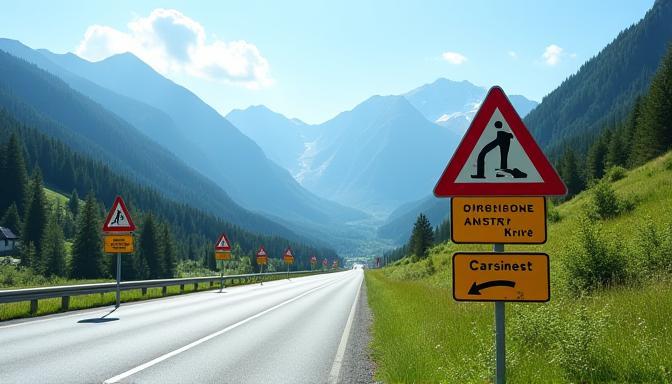 Warnschilder entlang einer österreichischen Autobahn bei Alpenlandschaft